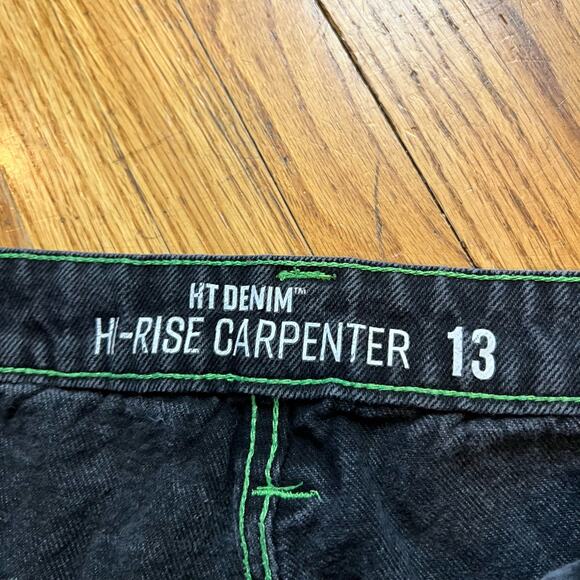 Hot Topic Jeans Womens 13 Hi Rise Carpenter Cargo Fadded Black Lime Stitching - Picture 5 of 10